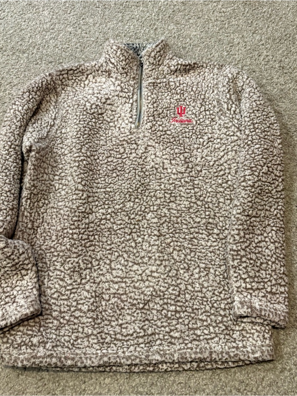 Indiana Hoosiers Beige Sherpa Quarter-Zip Hoodie with Red Logo Medium Women’s